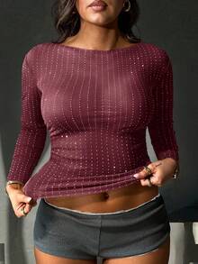 音乐嘉年华大码女式时尚性感闪亮水钻透视辣妹修身优雅百搭长袖圆领上衣 - 酒紅色 - 查看 3