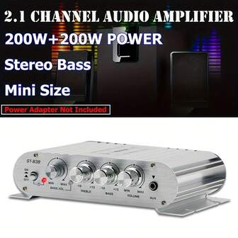 400W 迷你功放 - 2.1 声道家用音响立体声高保真系统带低音炮 - 结构紧凑，适用于扬声器、电脑、电视、手机、汽车和车辆