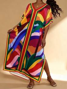 女式加大码 V 领短袖花卉印花休闲连衣裙，朴素的长袍