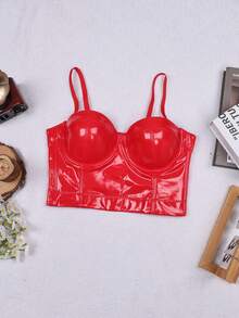 Apperloth A Valentine's Day Rave Crop Top, Spaghetti Strap PU Leather Tight Fitting Midriff-Baring Camisole - Red - View 7
