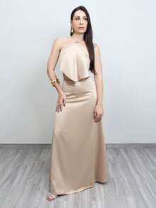 Conjunto Saia Longa Cropped Feminino Frente Única Amarração Cetim Moda Gringa Verão