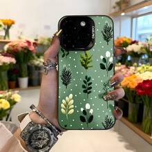 Cubierta de teléfono con diseño floral verde con hojas y puntos blancos para mujer elegante para uso diario en floristerías y eventos sociales Aplicable a los teléfonos de la serie Apple y Galaxy - Negro - Ver 2