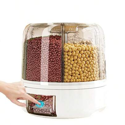 Rotating Grain Dry Food Dispenser Countertop Food Grain Storage Box Container Large Capacity- 6 Grids Rice Dispenser Cereal Tank For Lentils, Rice, Beans - Transparent Kitchen Pantry Storage Container, Rice Bucket Dry Food Fruit Box Kitchen Storage Bucket For Home Kitchen,360° Rotatable Design, Max 22 Lbs Capacity, White - PET+PP