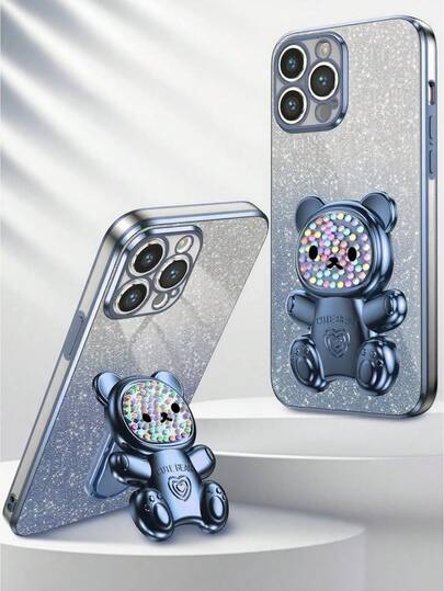 Nytt elektropläterat fallskyddande telefonskal + glitterpapper + färgglad godisbjörn, helt elektropläterat, dolt stöd + komplett set med telefonskal, lämplig för iPhone 17/6/7/8/X/XS/XR/11/12/13/14/15/16/16e, Galaxy S22/23/24/25/S24 FE/S25 EDGE, A04/05/06/A07/A14/A15/A16/A17/A24/A25/A34, Note 9/10/11/12/13, 9/10/12/13C 14C, OPPO, MOTO, Honor X, HW, RENO, Realme C53 C55
