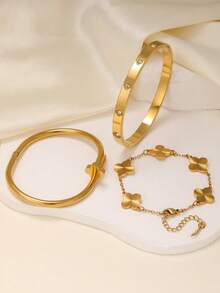 Luxury Elegant Fashion Four-Leaf Clover Nail-Shaped Inlaid Zirconia Textured Four-Leaf Clover Bracelet Stainless Steel Women's Bracelet Set, Suitable For Daily Wear, Formal Occasions, Dates, And Gift-Giving - Yellow Gold - View 8