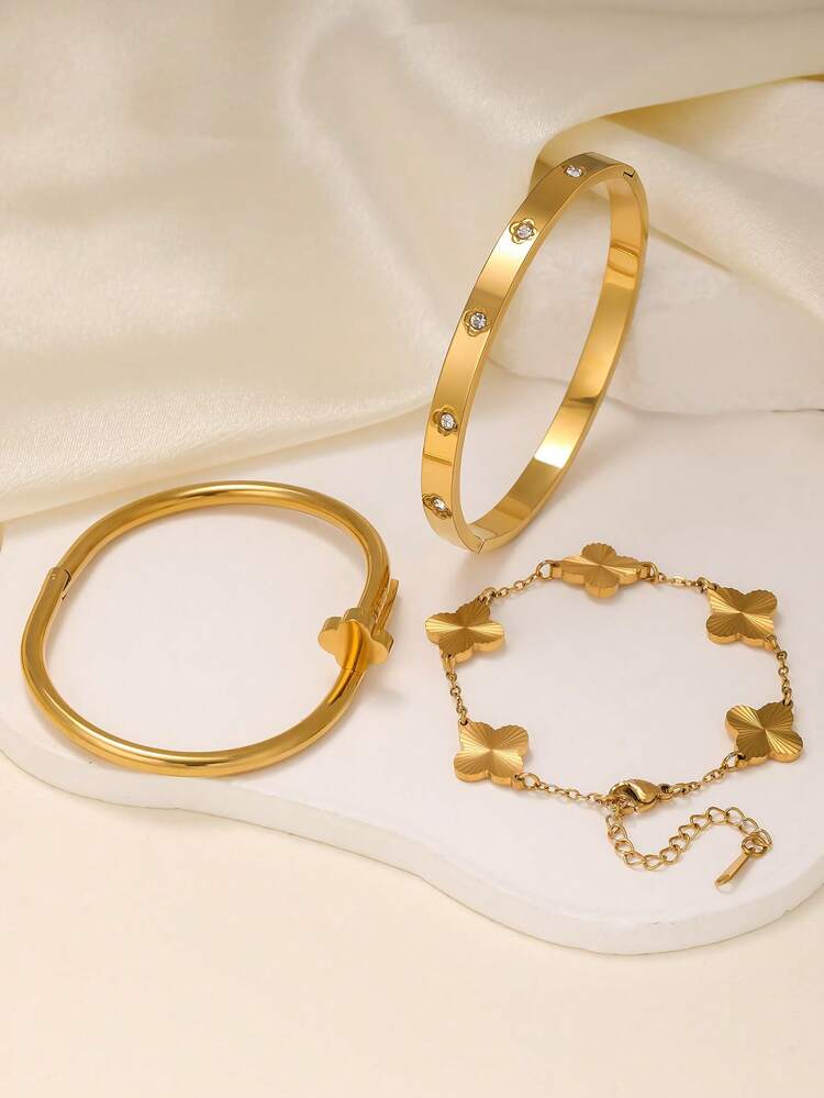 Bracelet Trèfles En Acier Inoxydable Doré - Zircon Incrusté - Jonc Femme - Neuf