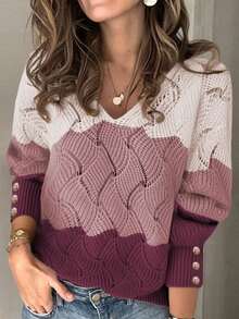Women's Casual Colorblock V-Neck Sweater, Autumn/Winter Vacation - Burgundy - View 7