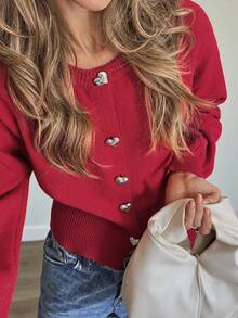 FOR BEAUTY Women's New Spring Red Cardigan, Minimalist Casual Style, Round Neck Long Sleeve, Ribbed Trim And Heart-Shaped Buttons, New Year Celebration Top, Valentine's Day Sweater - Red - View 2