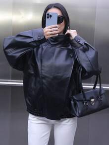 女士黑色PU皮夹克，秋冬飞行员夹克外套，上衣，秋季女士夹克，长袖上衣，冬季纽扣大衣 - 黑色 - 查看 4