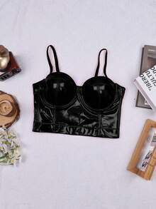 Apperloth A Solid Leather Look Bustier Crop Corset Top Rave Music Festival - Black - View 6