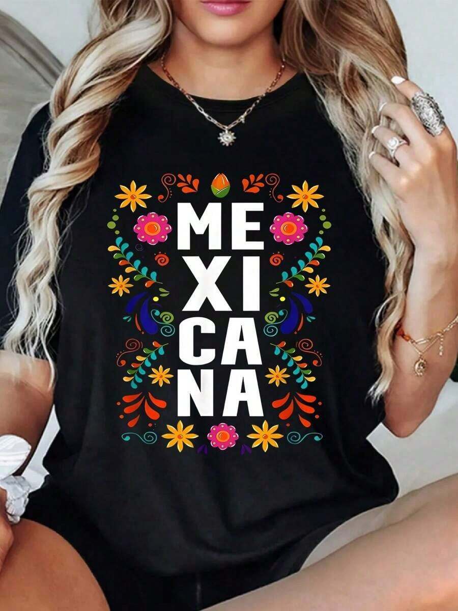 Camiseta de mujer con estampado de letras, ropa de verano, casual y cómoda - Negro - Ver 1