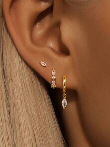 3pcs Asymmetric Zirconia 925 Sterling Silver Single Earrings, Women's Pierced Earrings, Suitable For Wedding Bride Jewelry - Gold - View 3