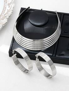 Set de 3 piezas de collar gargantilla y aretes geométricos de metal con diseño exagerado en color dorado - Conjunto de pendientes y gargantilla - Ver 9