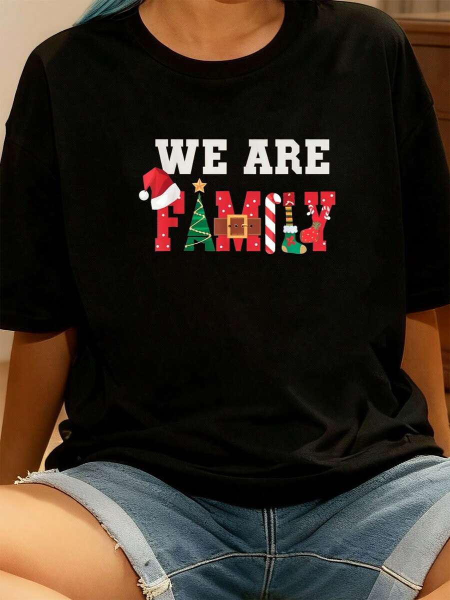 Fröhliche und helle Weihnachten Familienpaar passende Pyjamas T-Shirt Grafik-T-Shirts Frauen Crop Tops Sommeroutfits für Frauen Sommeroberteile T-Shirt - Schwarz - Übersicht 1