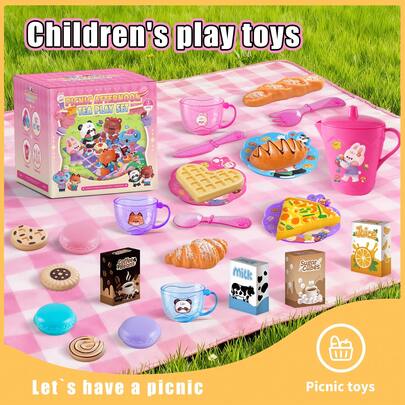 Juego de té para niñas pequeñas, juego de té de la tarde de princesa, con juego de comida y postre, juego de decoración de cocina para niños adecuado para niñas de 3 a 6 años, cumpleaños, Navidad