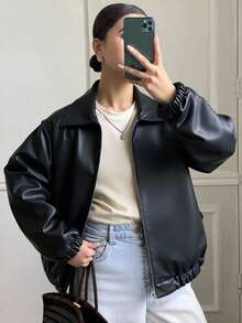 Livesso Chaqueta de piel de imitación con bolsillos en ángulo, ropa de mujer de otoño - Negro - Ver 2