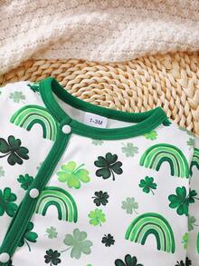 1pc Baby Boys' Green Four-Leaf Clover Print Hooded Front Snap Closure Romper + Hat Set - Green - View 3