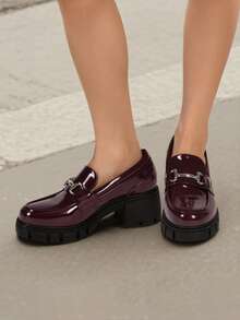 Women's Platform Loafers 2.17 Inch Chunky Heel Round Toe Slip-On Loafers, Casual Vintage Elegant Pumps Shoes - 酒紅色 - 查看 3