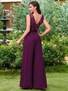 MIUSOL 亮片花卉蕾丝V领无袖荷叶边阔腿连体裤，优雅女士服装，适合婚礼宾客、毕业典礼、正式晚宴和其他场合。 - 紫紅色 - 查看 3