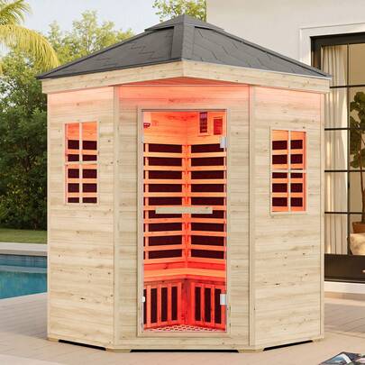 Outdoor Infrared Sauna For Home, Spruce Wood Dry Sauna 1/2/4 Person, Low EMF 2645W/240V Design With Tourmaline Stone Foot Warmer, 7-Color Light Therapy & Dual Bluetooth Speakers