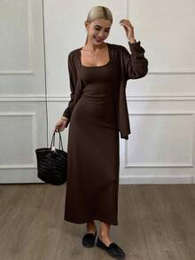 Livesso 2-częściowy elegancki damski komplet: sukienka bez rękawów i sweter kardigan, jesień - Kawowy brązowy - Zobacz 3