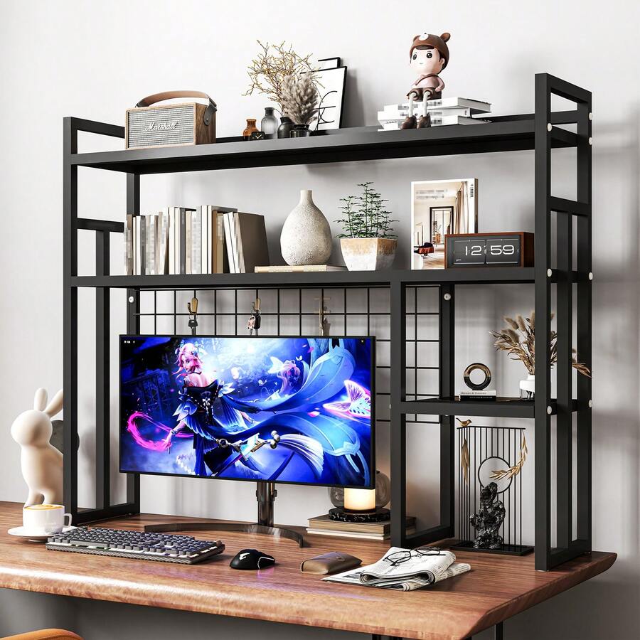 Durable Metal Desktop Shelf 37.4" 45.3" 4 Tier All Metal Desktop Bookshelf Heavy Duty Desk Display Storage Rack - 黑色 - 查看 1