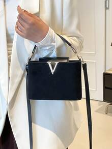 Fashionable Mini Solid Color Minimalist Metal Lock Decor PU Fabric Multipurpose Handbag - Black - View 7