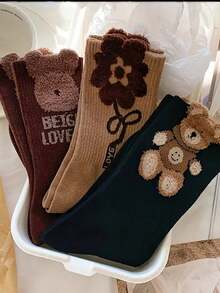 3/6/9pairs Random Feather - Yarn Bear - Themed Mid - Calf Plush Socks For Women In Autumn And Winter, Cute And Versatile Outer - Wearing Long Socks - Multicolor - View 8