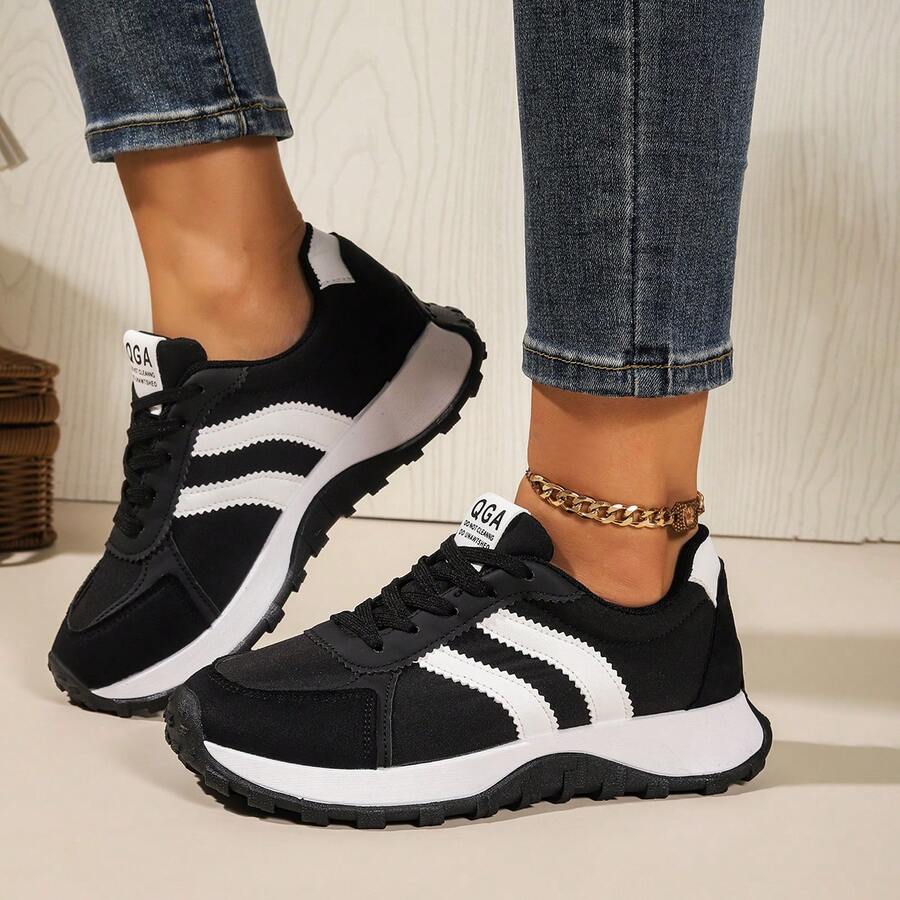 女士春秋季白色休闲运动鞋，低帮，轻便，防滑，耐磨，低跟，圆头，透气，系带，适合户外活动 - 黑色 - 查看 1