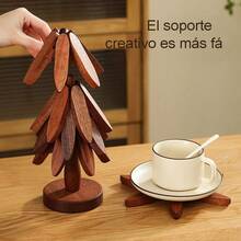 3/4/5pcs Wooden Heat Insulation Pad Set, Foldable Tree-Shaped Black Walnut Wood Placemat Holder, Heat Resistant Placemats & Coasters Set, Wooden Tableware Mats, Christmas Gift - Multicolor - View 4