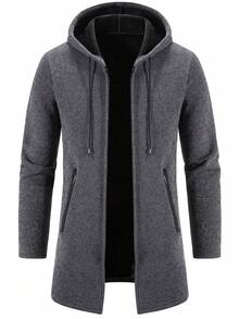 男士休闲舒适保暖商务通勤日常轻便连帽拉链口袋开衫，秋冬季长袖上衣