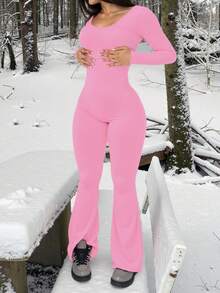 AiTyi PETITE 女士连体裤，修身休闲纯色U领简约时尚性感舒适修身款，适合户外运动通勤，百搭Y2K风格，适合毕业典礼、狂欢节、复活节、母亲节、春夏针织长袖喇叭裤连体裤 - 粉色 - 查看 3