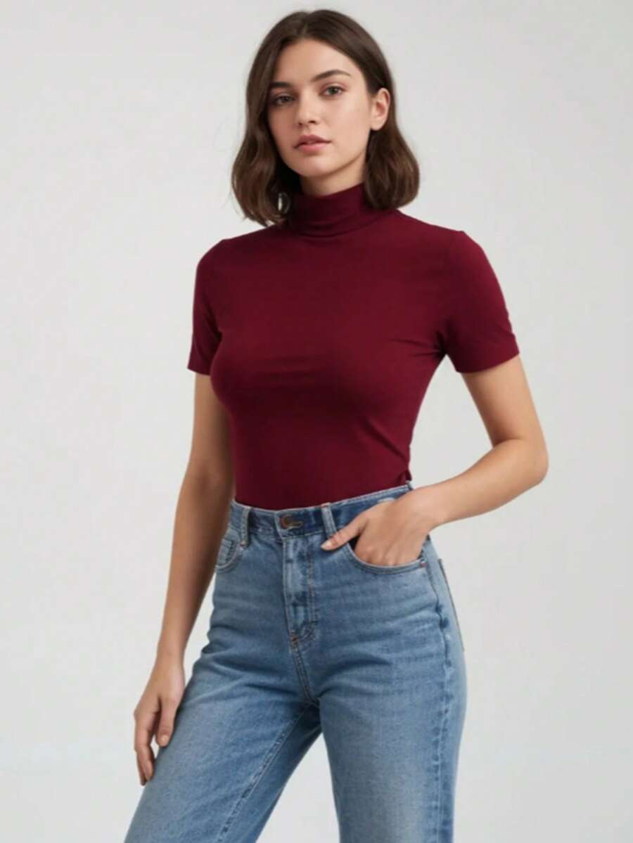 High-Neck, Short-Sleeved Cotton Knit Blouse - Maroon - View 1