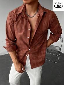 WAIT HIM Men's Striped Single-Breasted Casual Long Sleeve Shirt - Redwood - View 6