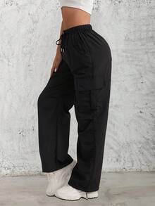 2-Pack Women's High-Waisted Wide-Leg Cargo Pants - Loose Fit Elastic Drawstring Sweatpants For Hiking & Athletic Wearn - 黑色和黑色 - 查看 4