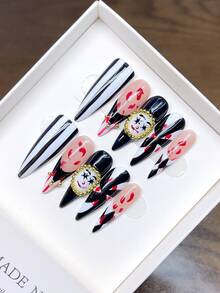 纯手工可佩戴美甲高跟鞋造型；手绘小丑卡通个性化秋冬美甲；高品质气质简约美甲，全覆盖假指甲美甲用品手工按压式美甲 - 彩色 - 查看 4