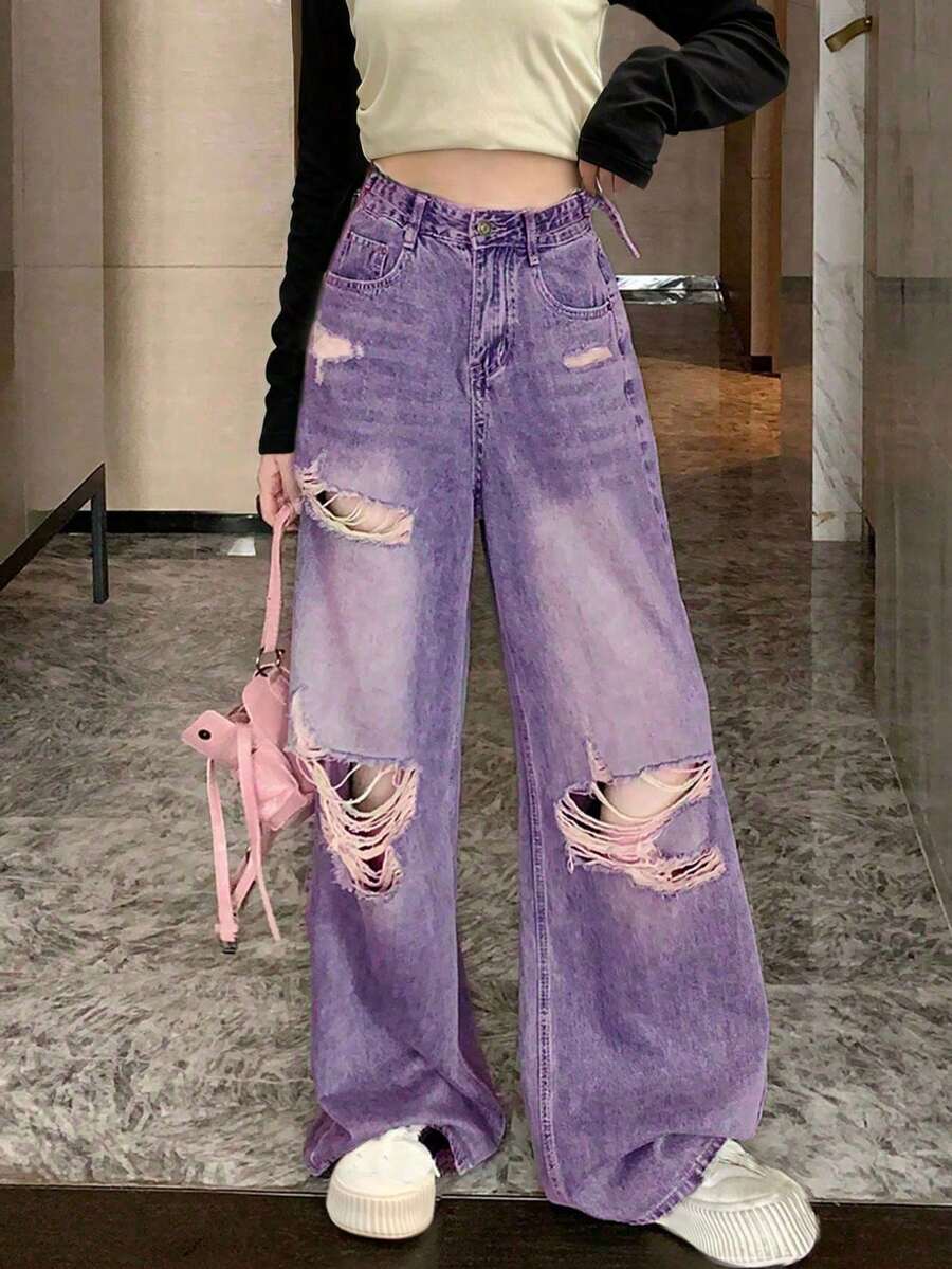 女式休闲宽松破洞阔腿牛仔裤，带口袋（随机缝线）