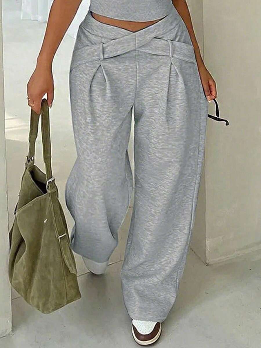 Plus Size Women Casual Criss-Cross Waist Wide Leg Pants, Loose Fit Everyday Wear, Suitable For Autumn/Winter, Christmas, Thanksgiving, New Year - Grey - View 1