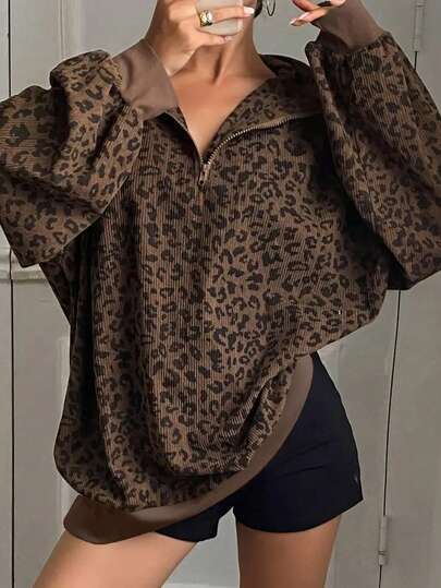Plus Women's Leopard Print Half Zipper Loose Sweatshirt