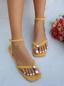 2026 New Summer Women's Simple Elegant Sandals, Yellow Open Toe Criss-Cross Strap Front, Fashionable Ankle Strap Flat Comfortable Breathable Casual Sandals Suitable For Daily Wear, Vacation, Holiday, Party, Suitable For Wide Or Plus Size Feet, Orange Versatile Ladies Sandals With Metal Decor - Ginger - View 3
