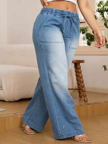 Plus Size Women's Elastic Waist Drawstring Straight Leg Jeans Casual Spring - Light Wash - View 4