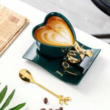 160ml Ceramic Coffee Cup And Saucer Set With Spoon Heart Shaped Special Tea Cups Green - 綠色 - 查看 7