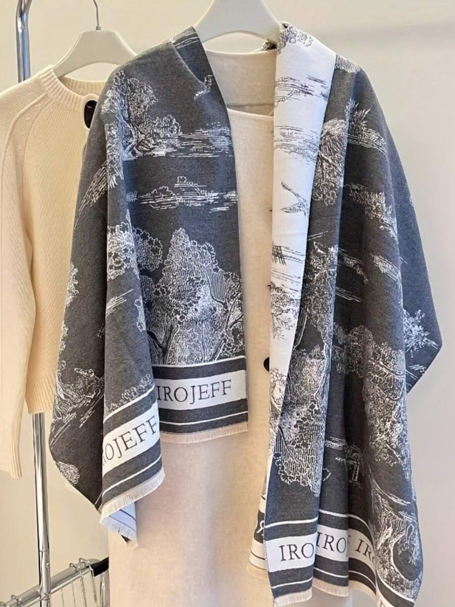 1pc Reversible Scarf Shawl For Women, Warm & Luxurious, Suitable For Autumn/Winter - Grey - View 1