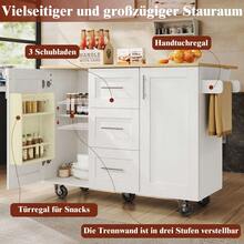 Kitchen Island, Removable Partitions, Removable Casters Like Kitchen Cabinets, Dining Cart With Countertop, Buffet Cabinet, Dining Cart With Wood Grain, Side Towel Rack With Casters, White - White + MDF+Metal - View 3