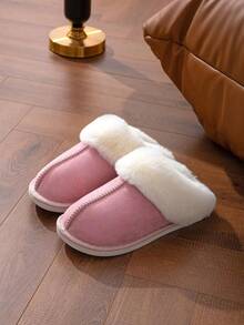 Women's Solid Color Plush Lining Thick Anti-Slip Flat Casual House Slippers, Suitable For Autumn/Winter - Pink - View 3