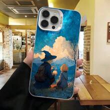 Cubierta de telefono con diseño de bruja y ninos azul oscuro estampado con cielo nublado y paisaje mágico para uso diario en cafeterias y salas de estar - Blanco - Ver 7