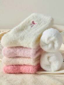 1Pair Mink Plush Bow Fluffy Mid-Calf Socks, Cute & Sweet Mid-Calf Socks, Thick & Warm For Home, Sleep, Bow Pattern, Soft & Comfortable, Suitable For Autumn/Winter Christmas Gift - 彩色 - 查看 2