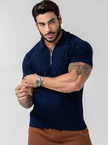 TRICOT DE LUXO Camiseta tricot gola polo com ziper masculino leve texturizado alta qualidade Primavera verão outono qualidade premium - Azul Marinho - Visão 9