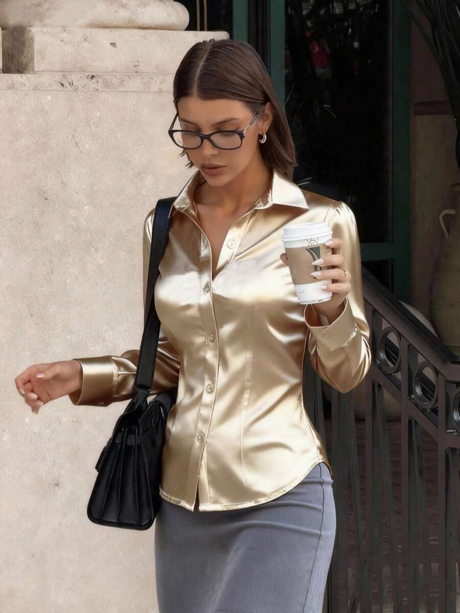 女士优雅缎面简约修身纽扣长袖 Polo 领衬衫 - 杏色 - 查看 1