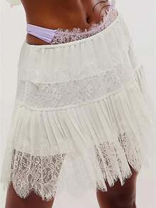 Women Y2k Lace Mini Skirt Fairy Mesh Floral Mid Low Rise Ruffle Half Slip Skirt Layered Flowy Short Skirt Streetwear - 白色 - 查看 2